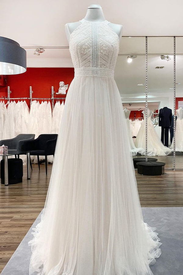 Modest Long A-line Halter Tulle Lace Backless Wedding Dresses-showprettydress