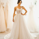 Modest Long A-line Spaghetti Straps Tulle Backless Wedding Dress-showprettydress