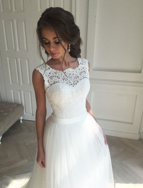 Modest Long A-line Tull Backless Lace Wedding Dress-showprettydress