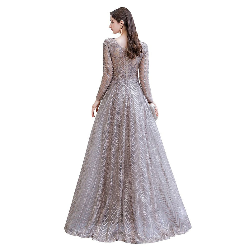 Modest Long Sleevess V-neck Princess Prom Party Gowns-showprettydress