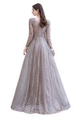 Modest Long Sleevess V-neck Princess Prom Party Gowns-showprettydress