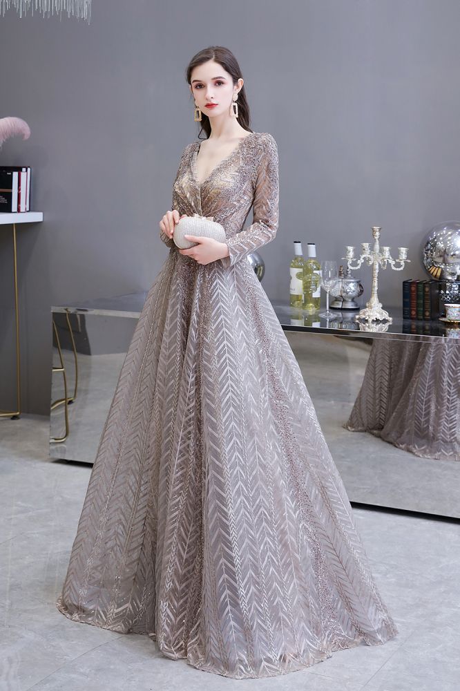 Modest Long Sleevess V-neck Princess Prom Party Gowns-showprettydress