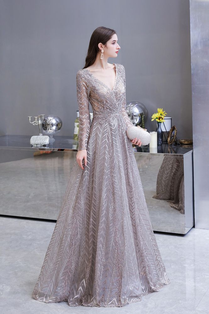 Modest Long Sleevess V-neck Princess Prom Party Gowns-showprettydress