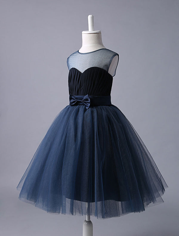 Navy Blue Sweetheart Neckline Tutu Dress Bow Sash Short Kids Formal Party Dress-showprettydress