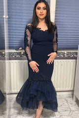 Navy Long Sleeve Mermaid Evening Dress Floor Length-showprettydress