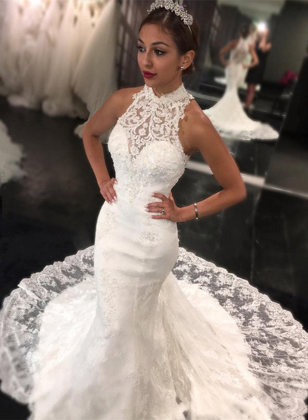 New Arrival High Neck Lace Mermaid Sleeveless Sweep Train Wedding Dress-showprettydress