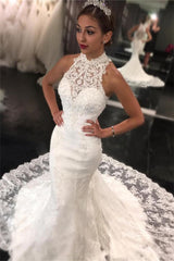 New Arrival High Neck Lace Mermaid Sleeveless Sweep Train Wedding Dress-showprettydress