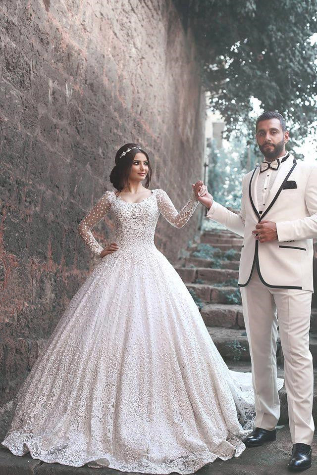 New Arrival Long Sleeves Bridal Dress Lace Applique Custom Made Wedding Dresses-showprettydress