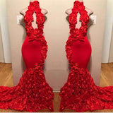 New Arrival Red Keyhole Mermaid Flowers Halter Sleeveless Long Prom Dresses-showprettydress