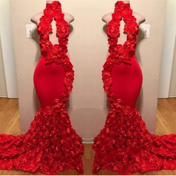 New Arrival Red Keyhole Mermaid Flowers Halter Sleeveless Long Prom Dresses-showprettydress