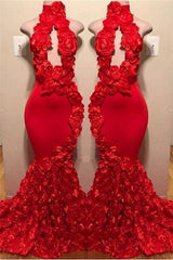 New Arrival Red Keyhole Mermaid Flowers Halter Sleeveless Long Prom Dresses-showprettydress