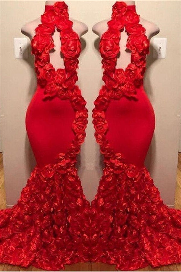 New Arrival Red Keyhole Mermaid Flowers Halter Sleeveless Long Prom Dresses-showprettydress