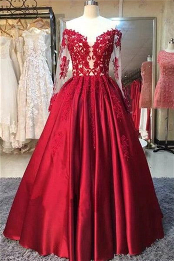 New Arrival Red Prom Dresses Off-the-Shoulder Lace Appliques Long Sleevess Puffy Evening Gowns-showprettydress