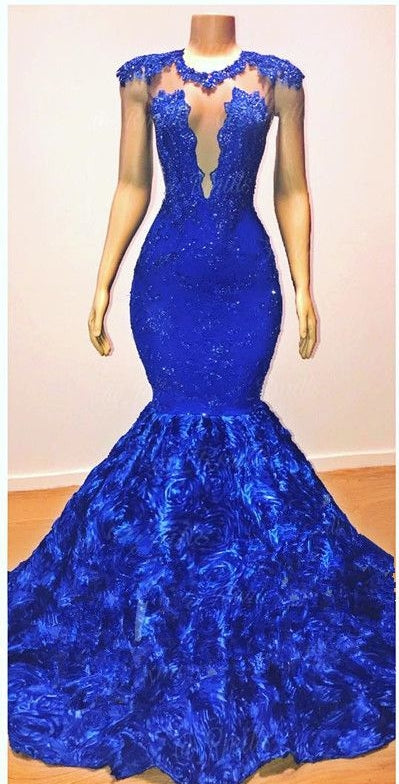 New Arrival Royal-Blue Flowers Mermaid Sleeveless With lace Appliques Prom Dresses-showprettydress