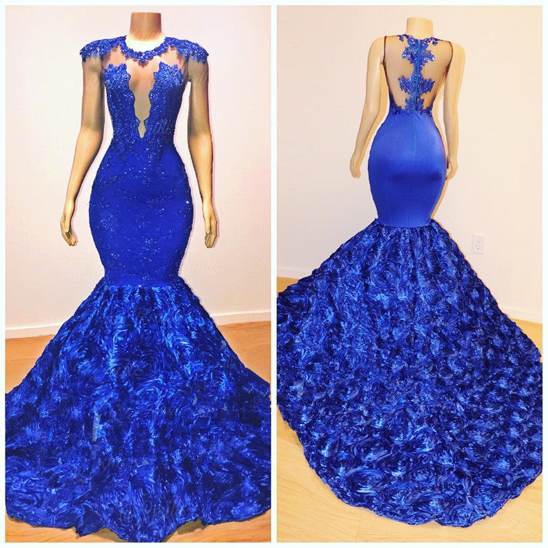 New Arrival Royal-Blue Flowers Mermaid Sleeveless With lace Appliques Prom Dresses-showprettydress