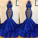 New Arrival Royal Blue Halter Mermaid Prom Dresses Gorgeous Sleeveless Flowers Long Evening Gowns-showprettydress