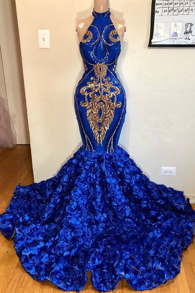 New Arrival Royal Blue Halter Mermaid Prom Dresses Gorgeous Sleeveless Flowers Long Evening Gowns-showprettydress