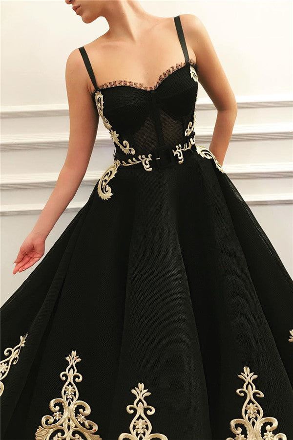 New Black Sweetheart A-line Evening Dress with Golden Lace Appliques-showprettydress