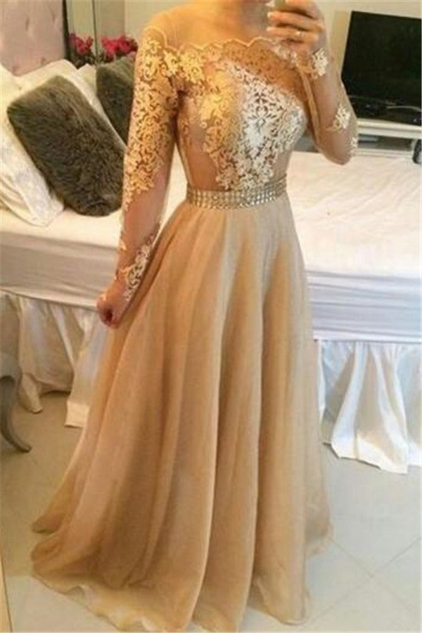 Off Shoulder Long Sleevess Sheer Prom Dresses A-line Crystals Chic Formal Evening Gowns-showprettydress