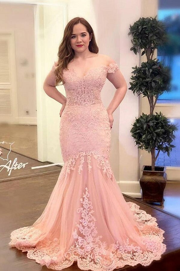 Off Shoulder Pearl Pink Mermaid Evening Prom Party GownsLace Appliques Wedding Gowns-showprettydress