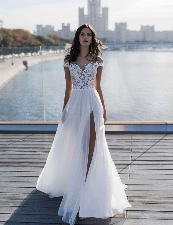 Off The Shoulder Appliques A line Wedding Dresses Side Split Tulle Bridal Gowns-showprettydress