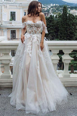 Off The Shoulder Appliques Wedding Dresses A line Tulle Bridal Gowns-showprettydress