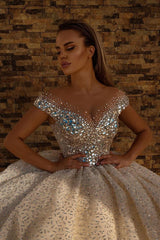 Off the Shoulder Crystal Princess Ball Gown Sequins Bridal Gowns-showprettydress