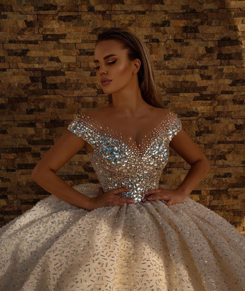 Off the Shoulder Crystal Princess Ball Gown Sequins Bridal Gowns-showprettydress