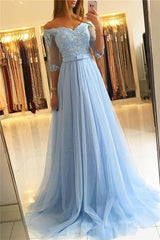 Off-the-Shoulder Half Sleeve Evening Dresses Formal Lace Appliques Prom Party Gowns with Belt-showprettydress