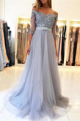 Off-the-Shoulder Half Sleeve Evening Dresses Formal Lace Appliques Prom Party Gowns with Belt-showprettydress