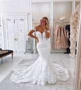 Off The Shoulder Mermaid Appliques Wedding Dresses Lace Backless Bridal Gowns-showprettydress