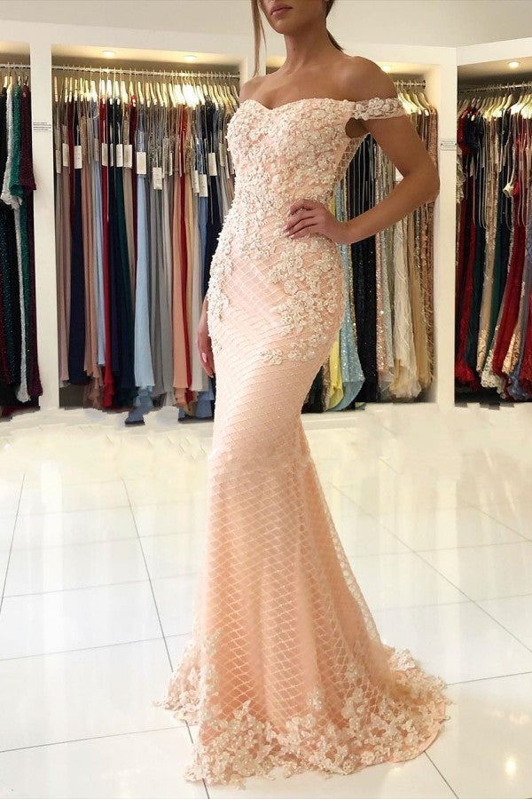 Off-the-shoulder Pink Lace Appliques Mermaid Evening Dress-showprettydress