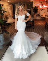 Off the Shoulder Puffy Tulle Wedding Dress Mermaid Appliques Sweep Train Bridal Gowns-showprettydress