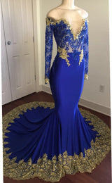 Off-the-Shoulder Royal Blue Prom Dresses Gold Lace Appliques Chic Evening Dress with Sleeve-showprettydress