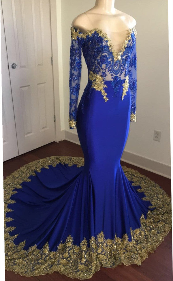 Off-the-Shoulder Royal Blue Prom Dresses Gold Lace Appliques Chic Evening Dress with Sleeve-showprettydress