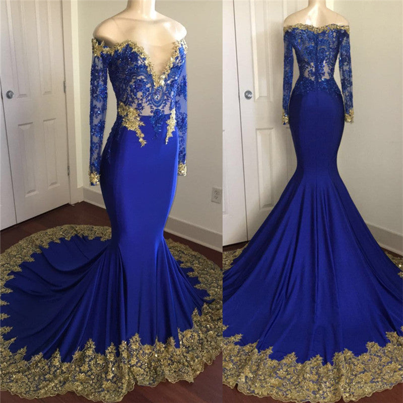 Off-the-Shoulder Royal Blue Prom Dresses Gold Lace Appliques Chic Evening Dress with Sleeve-showprettydress