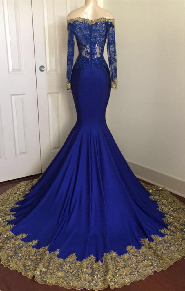 Off-the-Shoulder Royal Blue Prom Dresses Gold Lace Appliques Chic Evening Dress with Sleeve-showprettydress