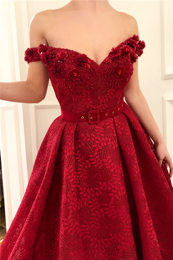 Off-the-Shoulder Ruby Lace Evening Dresses Chic Beading Appliques Flowers Prom Dresses-showprettydress