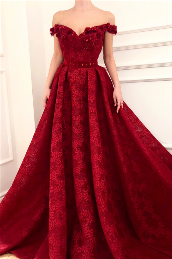 Off-the-Shoulder Ruby Lace Evening Dresses Chic Beading Appliques Flowers Prom Dresses-showprettydress