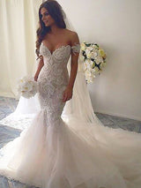 Off the Shoulder Sleeveless Mermaid Tulle Chapel Train Wedding Dresses-showprettydress