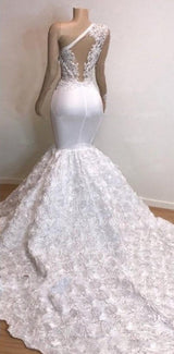 One Shoulder Lace Appliques Meramid Prom Dresses with sleeve-showprettydress