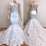 One Shoulder Lace Appliques Meramid Prom Dresses with sleeve-showprettydress