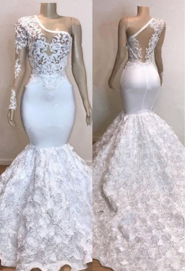 One Shoulder Lace Appliques Meramid Prom Dresses with sleeve-showprettydress