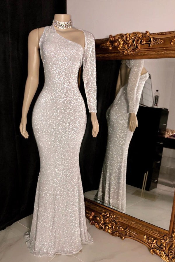 One-shoulder Long Sleeves Silver Sequins Mermaid Prom Gowns-showprettydress