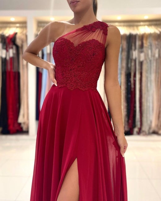 One Shoulder Red Prom Dress Floor Length Sleeveless Maxi Dress with Front Slit-showprettydress