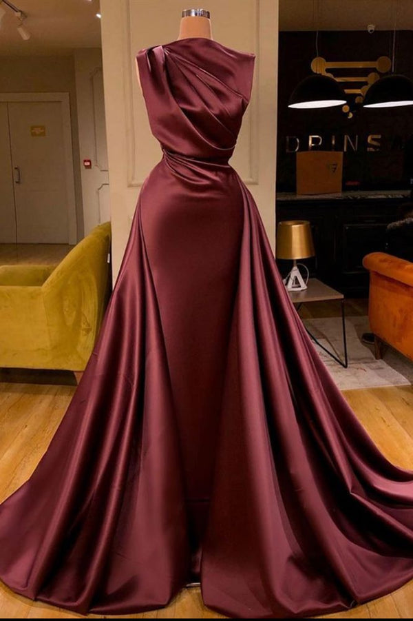 One Shoulder Satin Evening Party Gowns Detachable Train-showprettydress