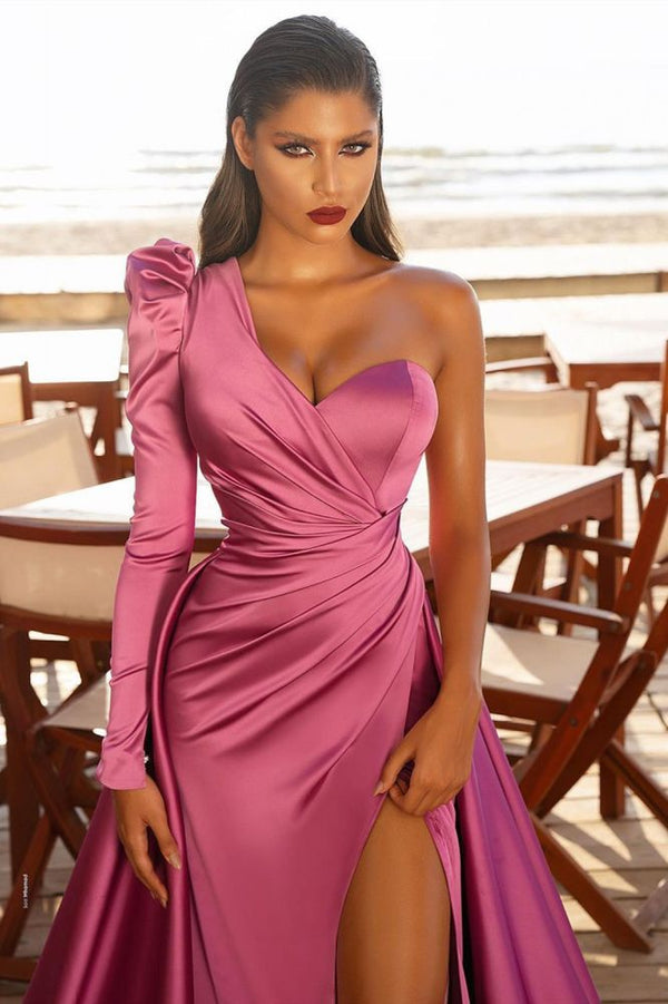 One Shoulder Satin Front Split Evening Party Dresses with Sweep Train-showprettydress