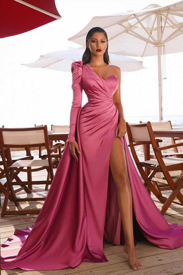 One Shoulder Satin Front Split Evening Party Dresses with Sweep Train-showprettydress