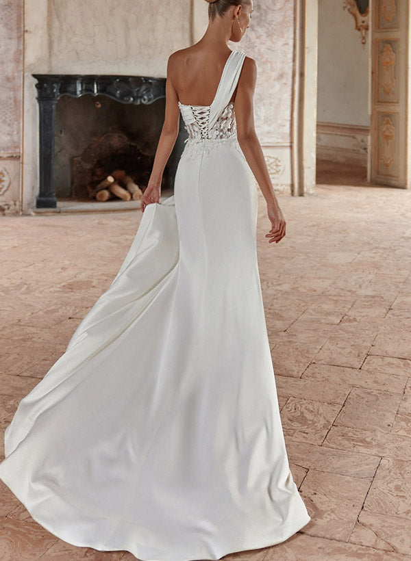 One-Shoulder Sleeveless Satin Wedding Dresses High Split-Showprettydress