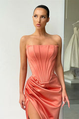 Orange Long Mermaid Strapless Pleats Prom Dress with Slit-showprettydress